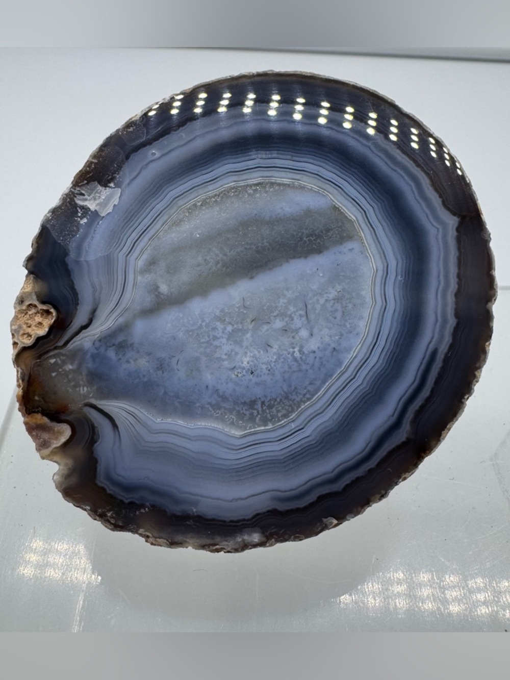 Natural Blue Gray Agate Geode Slice Polished Free Standing Crystal